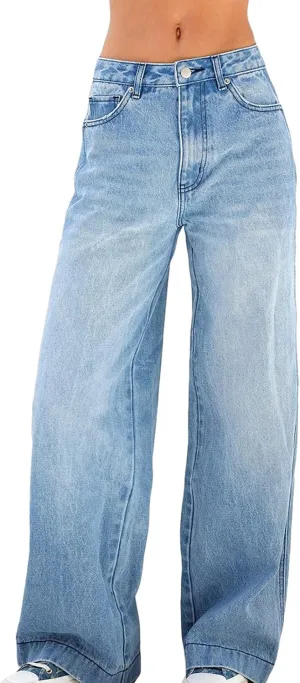 Women Baggy Jeans Y2K High Waist Straight Pants Vintage Wide Leg Denim Trousers Streetwear