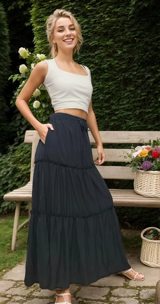 Women Boho Maxi Skirt, Casual High Waist Tie Paisley Print Flowy Long Maxi Skirt with Pockets