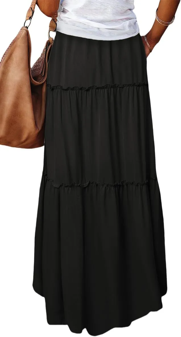Women Boho Maxi Skirt, Casual High Waist Tie Paisley Print Flowy Long Maxi Skirt with Pockets