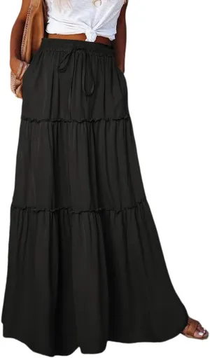 Women Boho Maxi Skirt, Casual High Waist Tie Paisley Print Flowy Long Maxi Skirt with Pockets