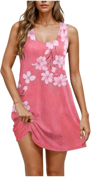 Women Casual Summer Tunic Dresses 2025 Boho Sleeveless Sundresses Vacation Travel Beach Floral T Shirt Tank Mini Dress