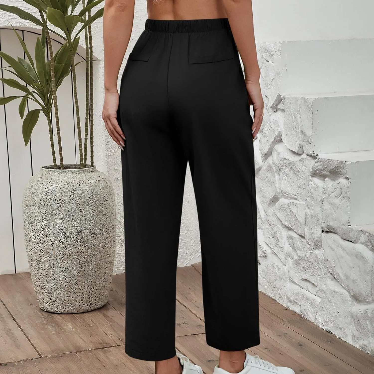 Women Cotton Linen Cropped Pants Casual Loose Wide Leg Trousers Summer Trendy Drawstring High Waist Pants with Pockets