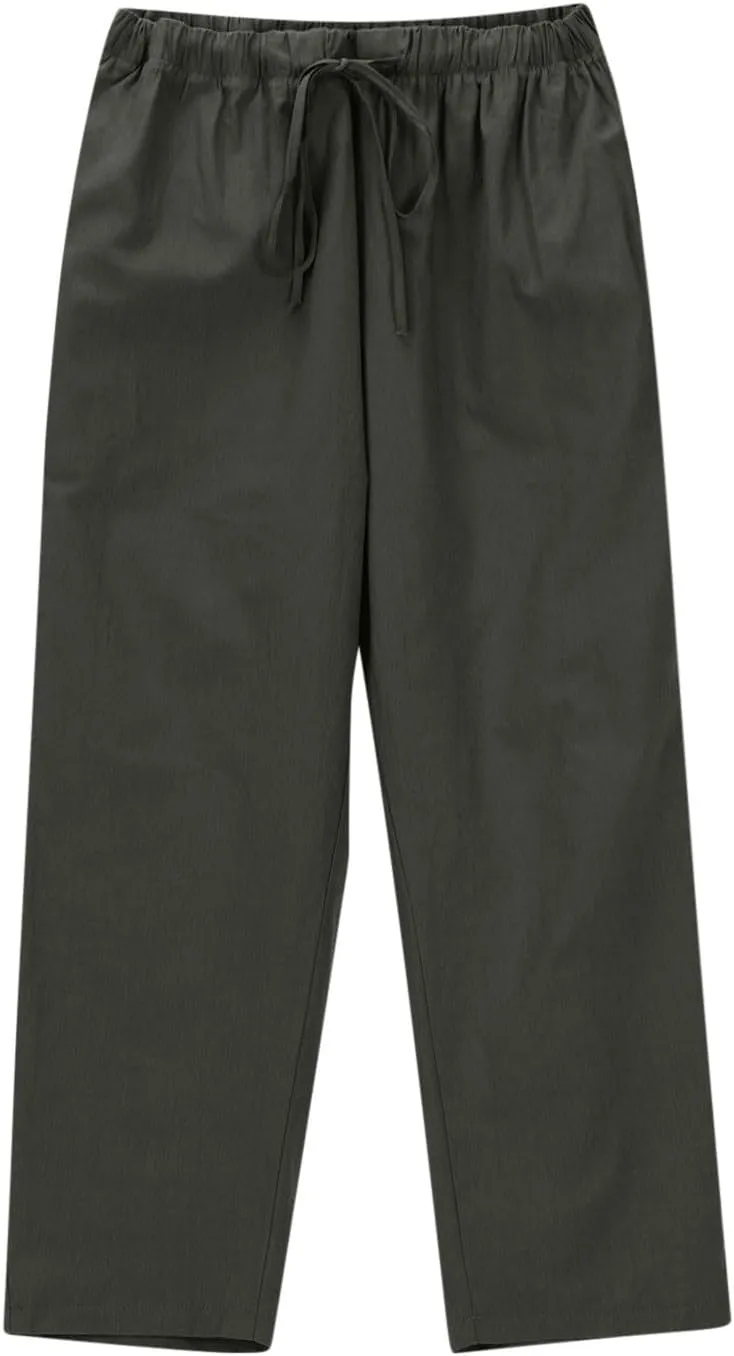 Women Cotton Linen Cropped Pants Casual Loose Wide Leg Trousers Summer Trendy Drawstring High Waist Pants with Pockets
