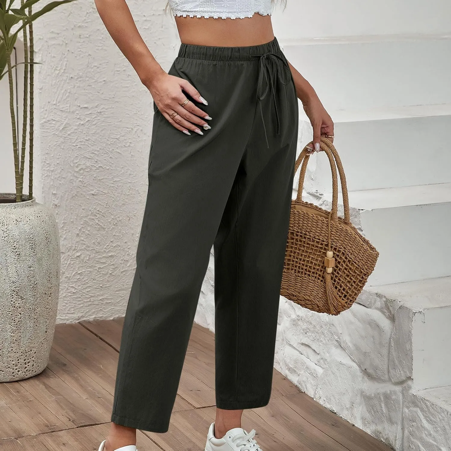 Women Cotton Linen Cropped Pants Casual Loose Wide Leg Trousers Summer Trendy Drawstring High Waist Pants with Pockets