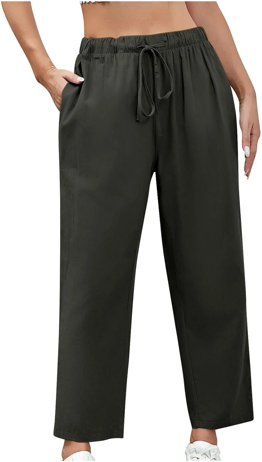 Women Cotton Linen Cropped Pants Casual Loose Wide Leg Trousers Summer Trendy Drawstring High Waist Pants with Pockets