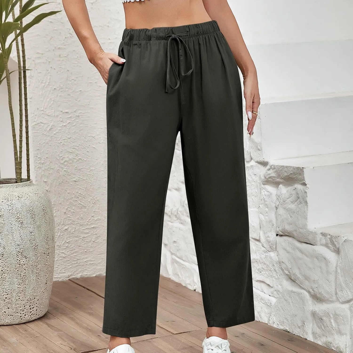 Women Cotton Linen Cropped Pants Casual Loose Wide Leg Trousers Summer Trendy Drawstring High Waist Pants with Pockets