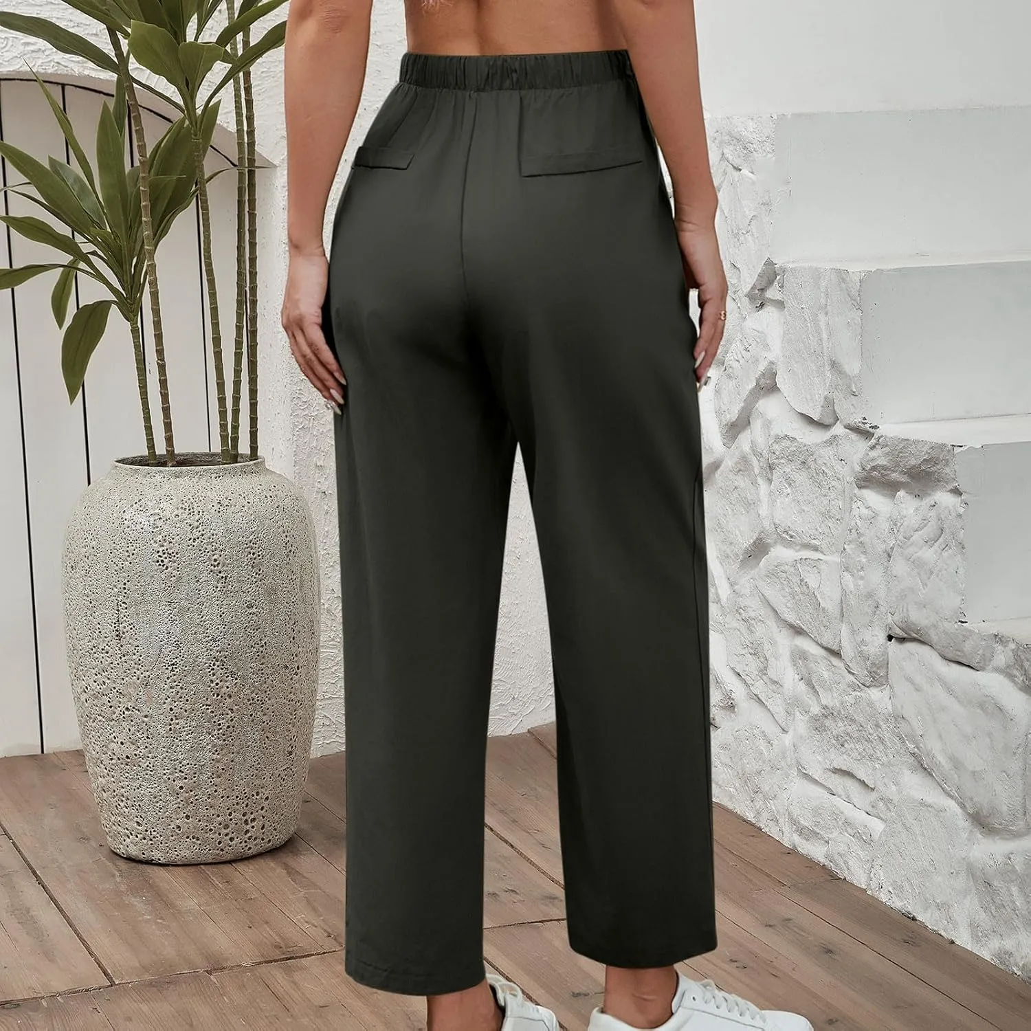 Women Cotton Linen Cropped Pants Casual Loose Wide Leg Trousers Summer Trendy Drawstring High Waist Pants with Pockets