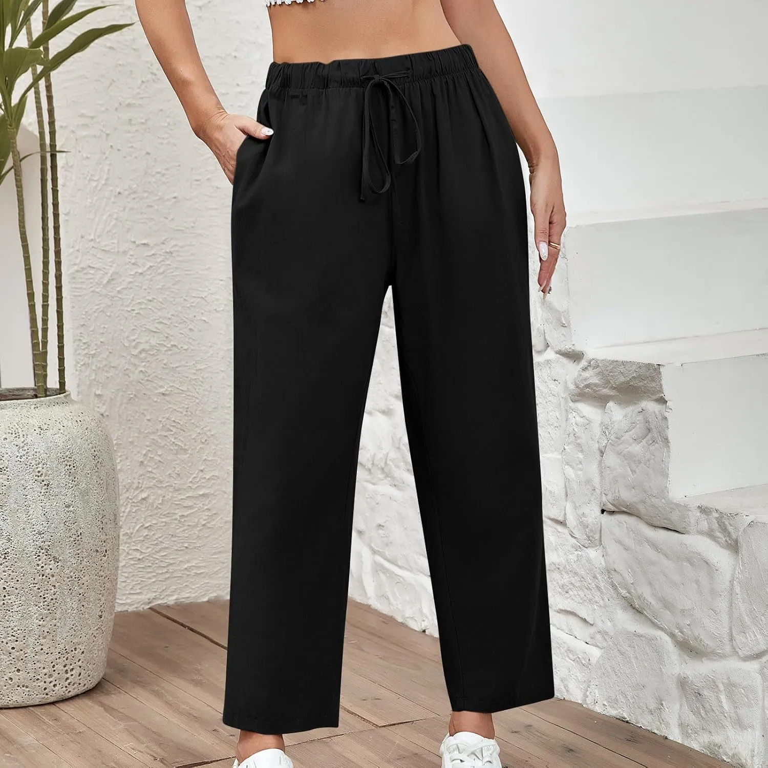 Women Cotton Linen Cropped Pants Casual Loose Wide Leg Trousers Summer Trendy Drawstring High Waist Pants with Pockets