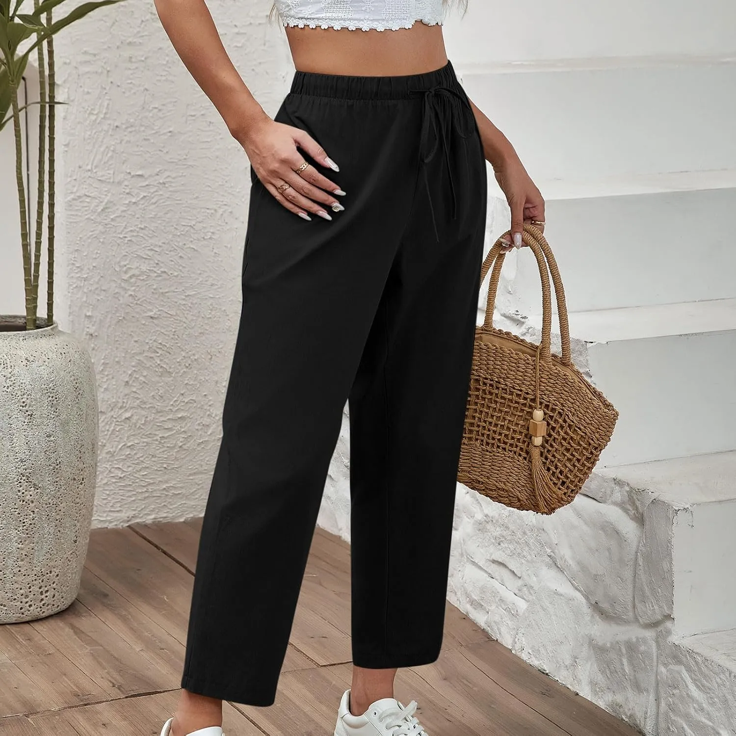 Women Cotton Linen Cropped Pants Casual Loose Wide Leg Trousers Summer Trendy Drawstring High Waist Pants with Pockets