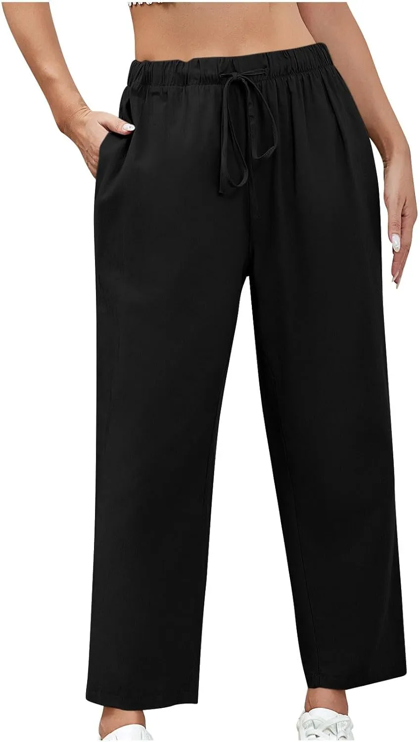 Women Cotton Linen Cropped Pants Casual Loose Wide Leg Trousers Summer Trendy Drawstring High Waist Pants with Pockets