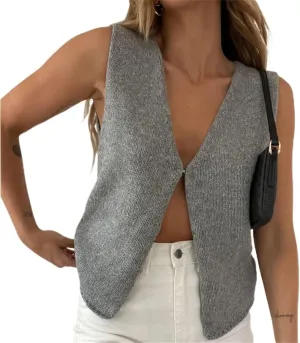 Women Crochet Vest Top Y2k Knit V Neck Sleeveless Button Down Vintage Casual Streetwear