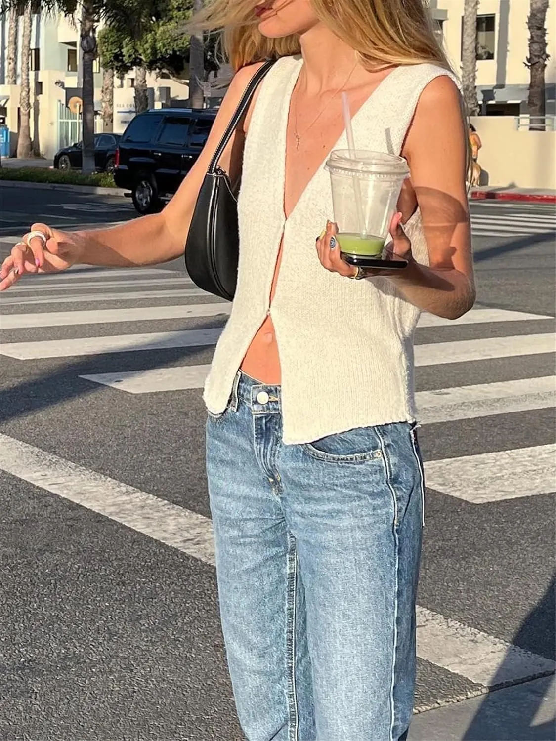Women Crochet Vest Top Y2k Knit V Neck Sleeveless Button Down Vintage Casual Streetwear