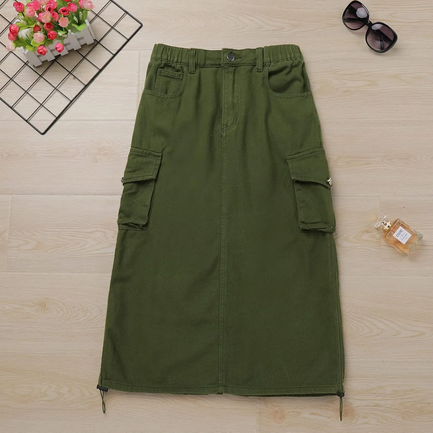 Women Denim Cargo Long Skirts High Waisted Pencil Skirt Midi Length Jean Skirt with Cargo Pockets