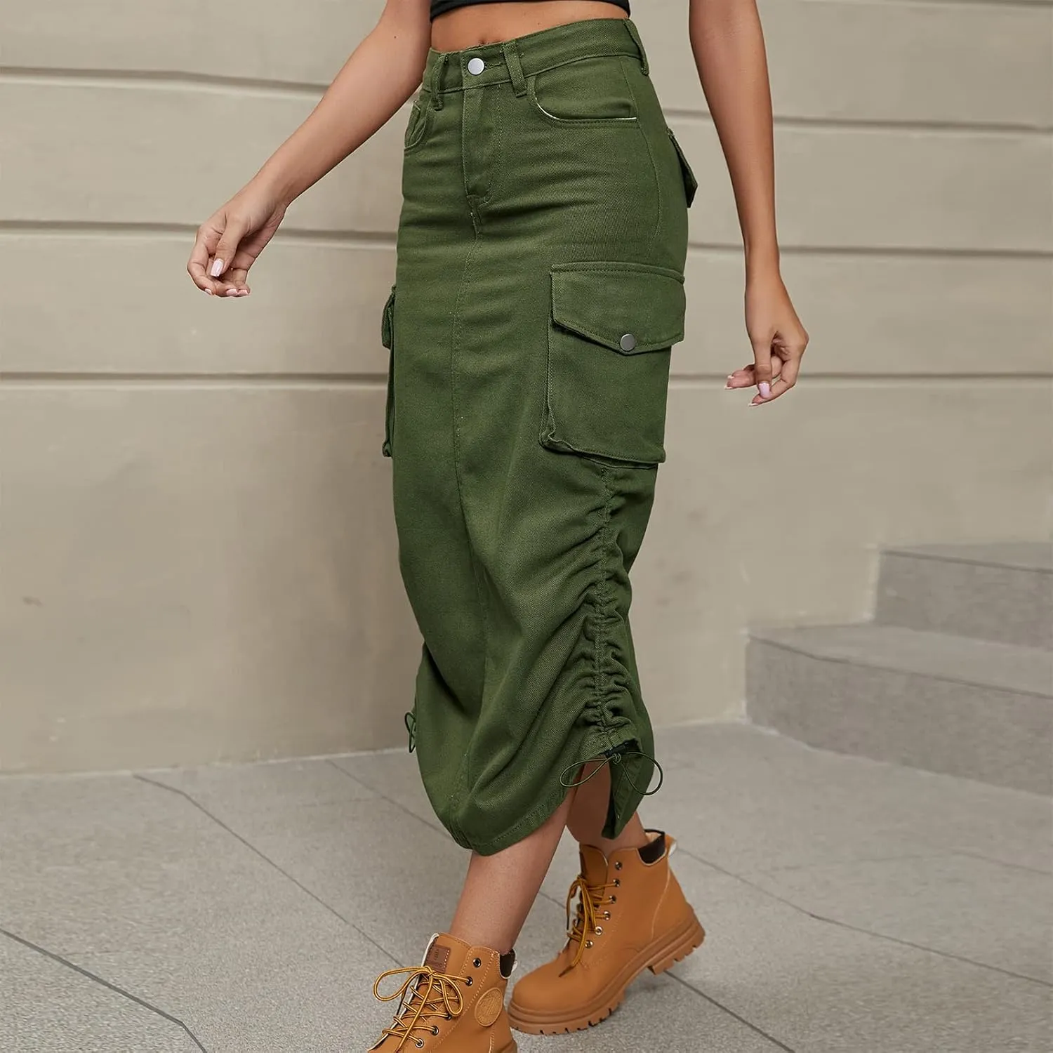 Women Denim Cargo Long Skirts High Waisted Pencil Skirt Midi Length Jean Skirt with Cargo Pockets