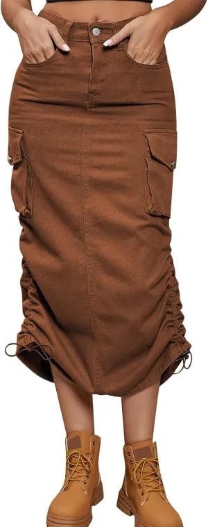 Women Drawing Rope Casual Fashion Half Body Denim Skirt High Split Skirt Pleated Midi Skirt (B-Brown, XL)
