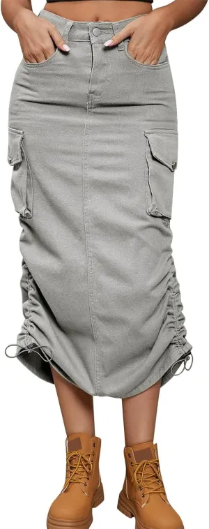 Women Drawing Rope Casual Fashion Half Body Denim Skirt High Split Skirt Pleated Midi Skirt (B-Grey, S)