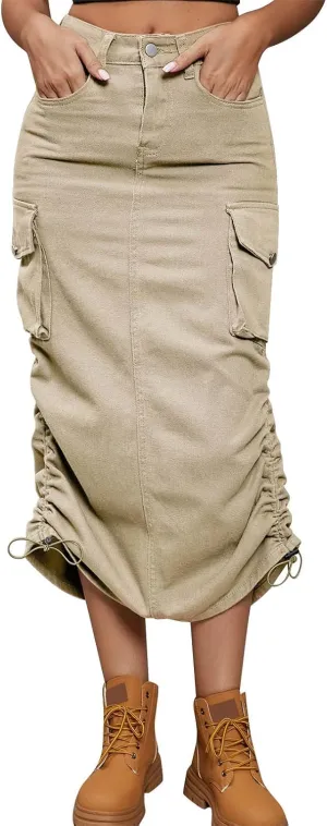 Women Drawing Rope Casual Fashion Half Body Denim Skirt High Split Skirt Pleated Midi Skirt (B-Khaki, M)