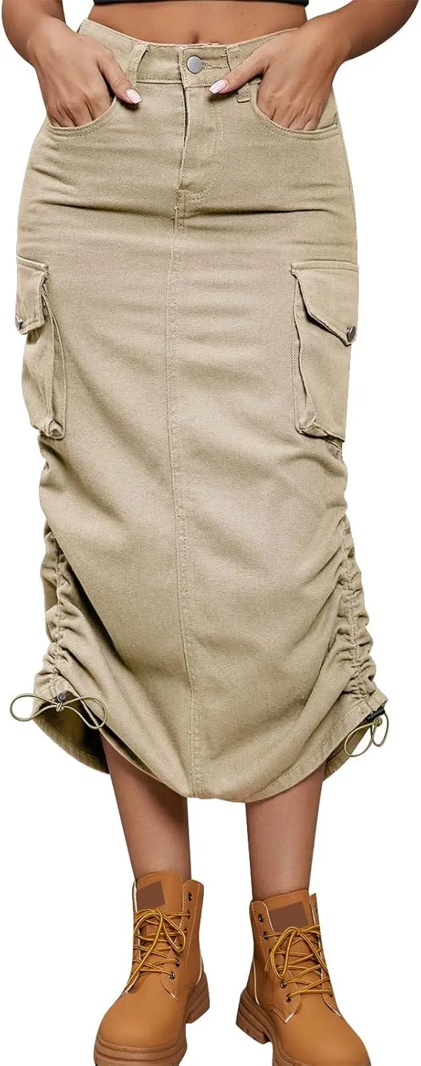 Women Drawing Rope Casual Fashion Half Body Denim Skirt High Split Skirt Pleated Midi Skirt (B-Khaki, M)