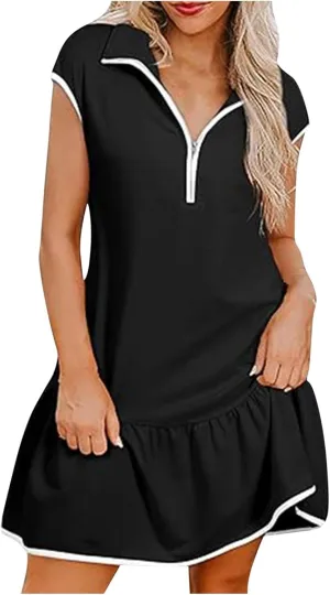 Women Dresses Casual Spring Summer Colorblock Cap Sleeve Half Zip Patchwork Tunic Mini Dress Flowy Swing Ruffles Dress