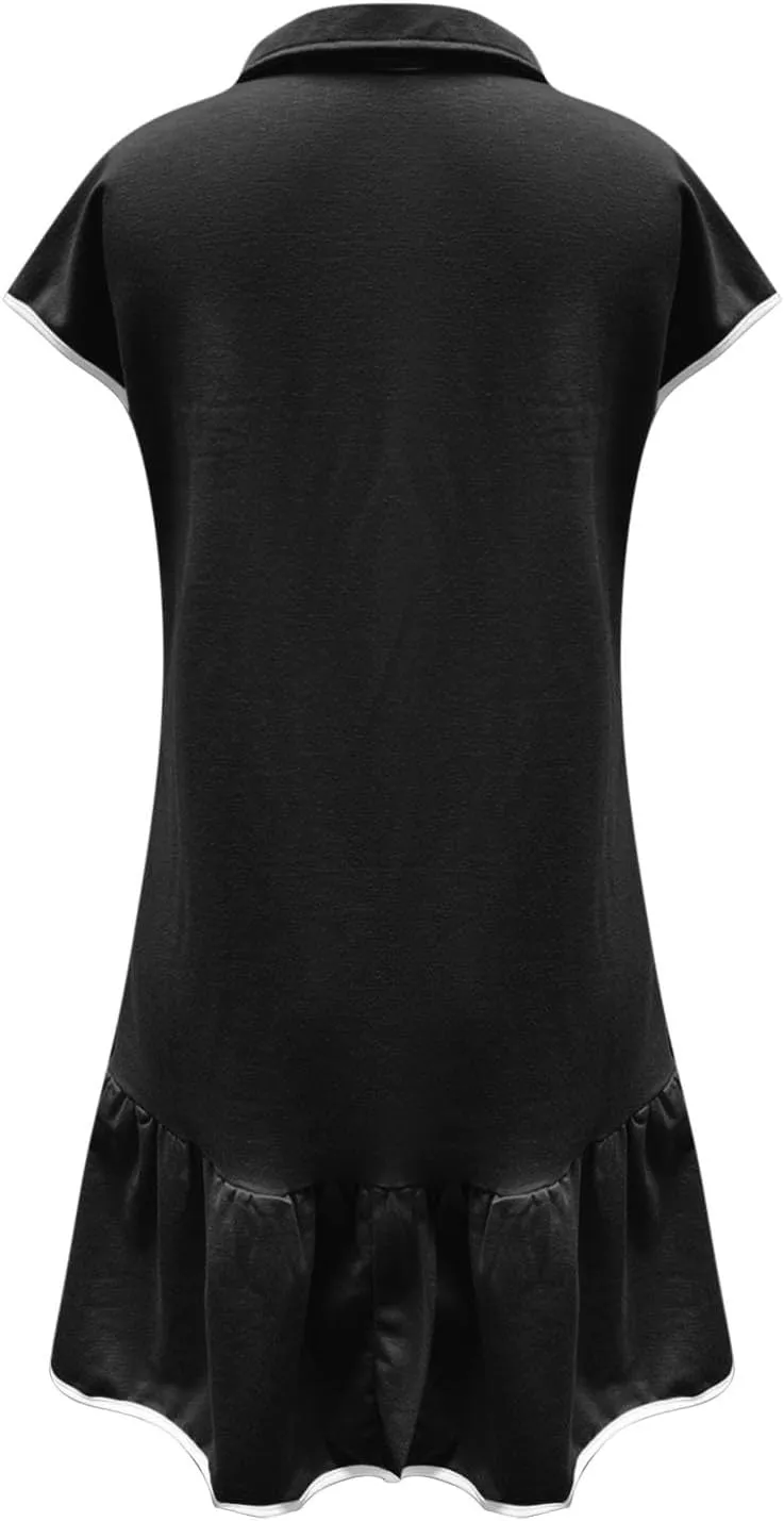 Women Dresses Casual Spring Summer Colorblock Cap Sleeve Half Zip Patchwork Tunic Mini Dress Flowy Swing Ruffles Dress