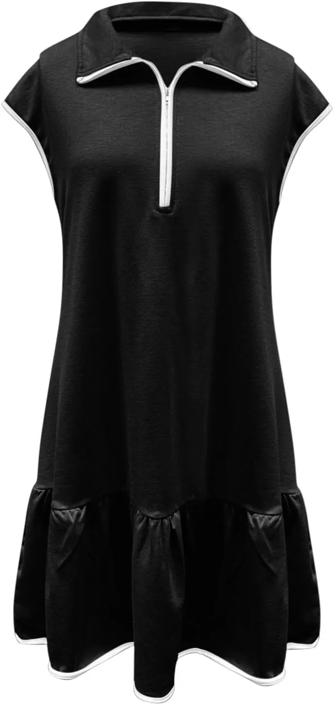 Women Dresses Casual Spring Summer Colorblock Cap Sleeve Half Zip Patchwork Tunic Mini Dress Flowy Swing Ruffles Dress