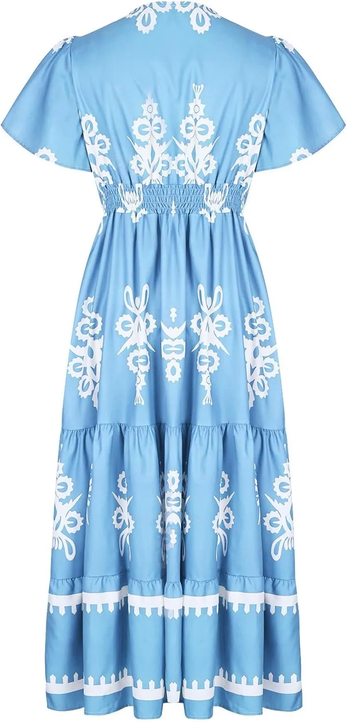 Women Ethnic Floral Maxi Dress Summer Short Sleeve V Neck Flowy Aline Dress Retro Tiered Ruffle Dresses with Pockets
