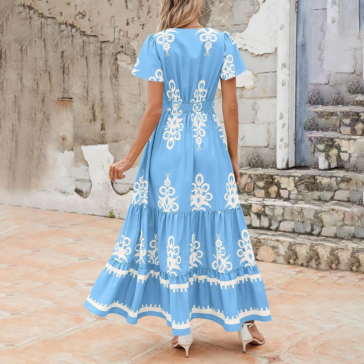 Women Ethnic Floral Maxi Dress Summer Short Sleeve V Neck Flowy Aline Dress Retro Tiered Ruffle Dresses with Pockets