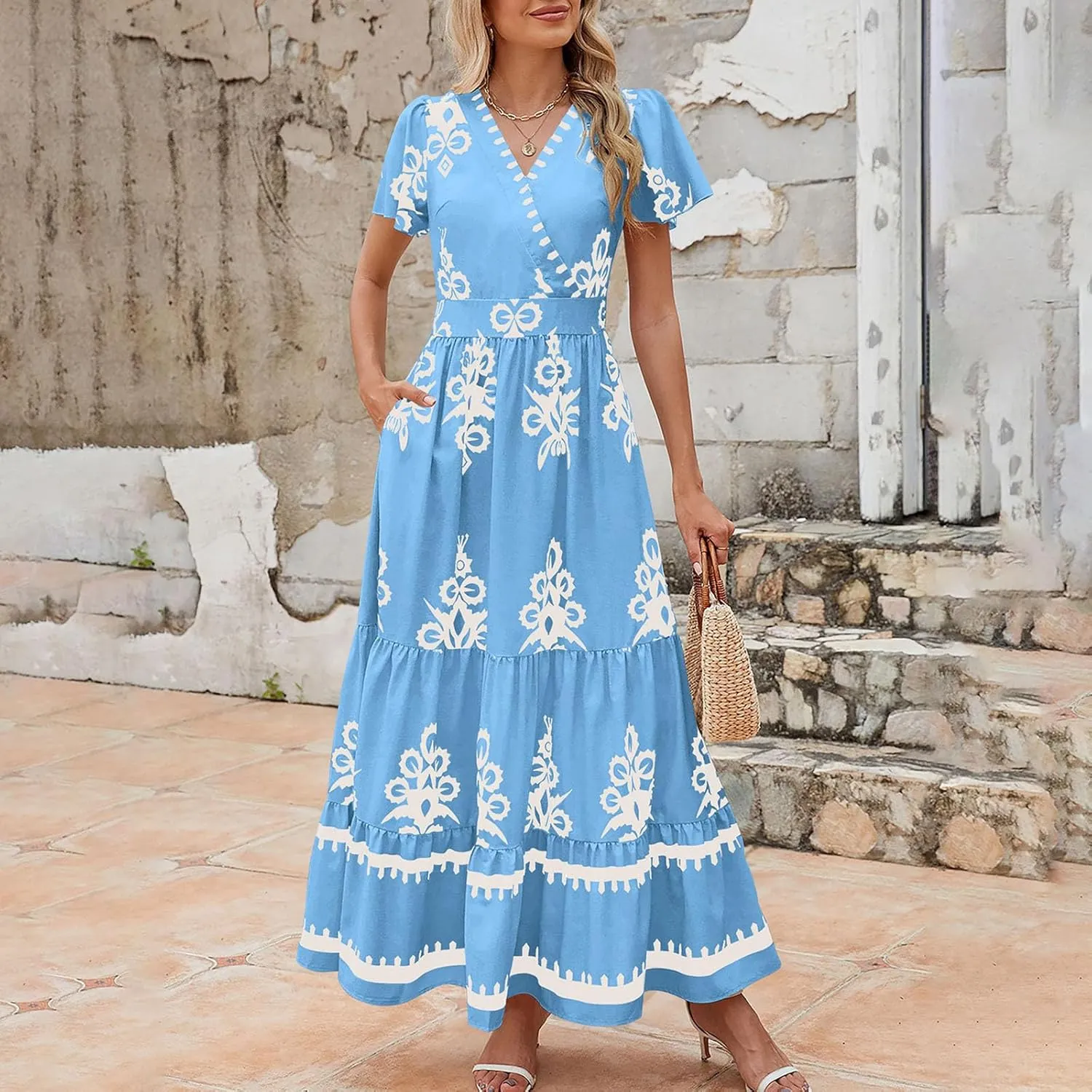 Women Ethnic Floral Maxi Dress Summer Short Sleeve V Neck Flowy Aline Dress Retro Tiered Ruffle Dresses with Pockets