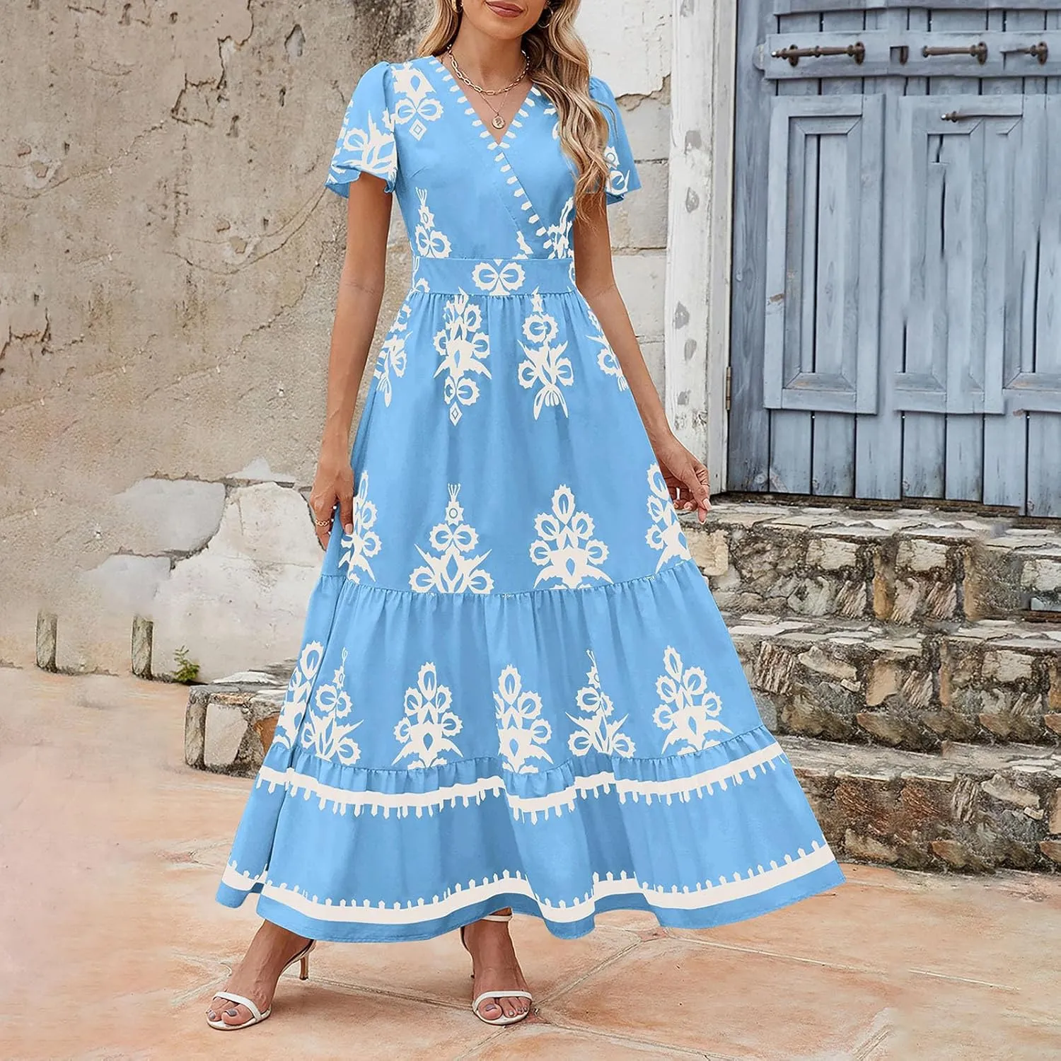 Women Ethnic Floral Maxi Dress Summer Short Sleeve V Neck Flowy Aline Dress Retro Tiered Ruffle Dresses with Pockets