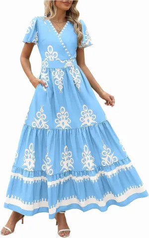 Women Ethnic Floral Maxi Dress Summer Short Sleeve V Neck Flowy Aline Dress Retro Tiered Ruffle Dresses with Pockets