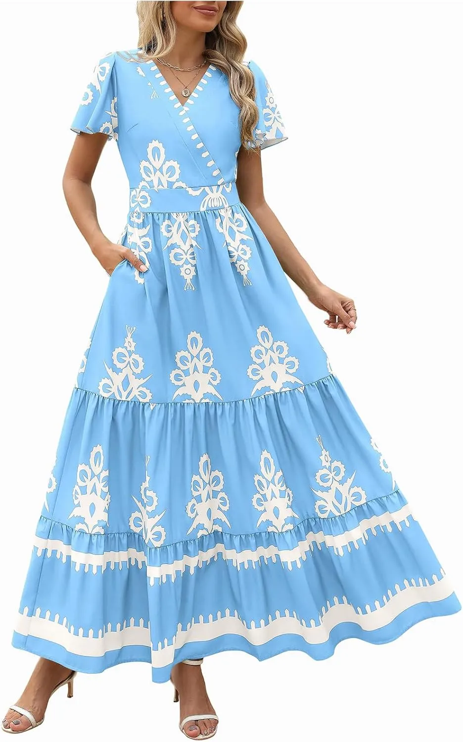 Women Ethnic Floral Maxi Dress Summer Short Sleeve V Neck Flowy Aline Dress Retro Tiered Ruffle Dresses with Pockets