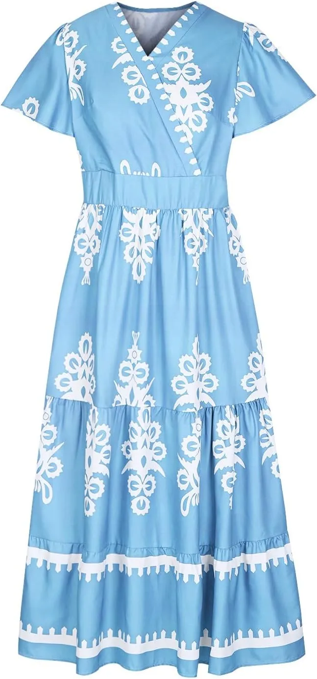 Women Ethnic Floral Maxi Dress Summer Short Sleeve V Neck Flowy Aline Dress Retro Tiered Ruffle Dresses with Pockets