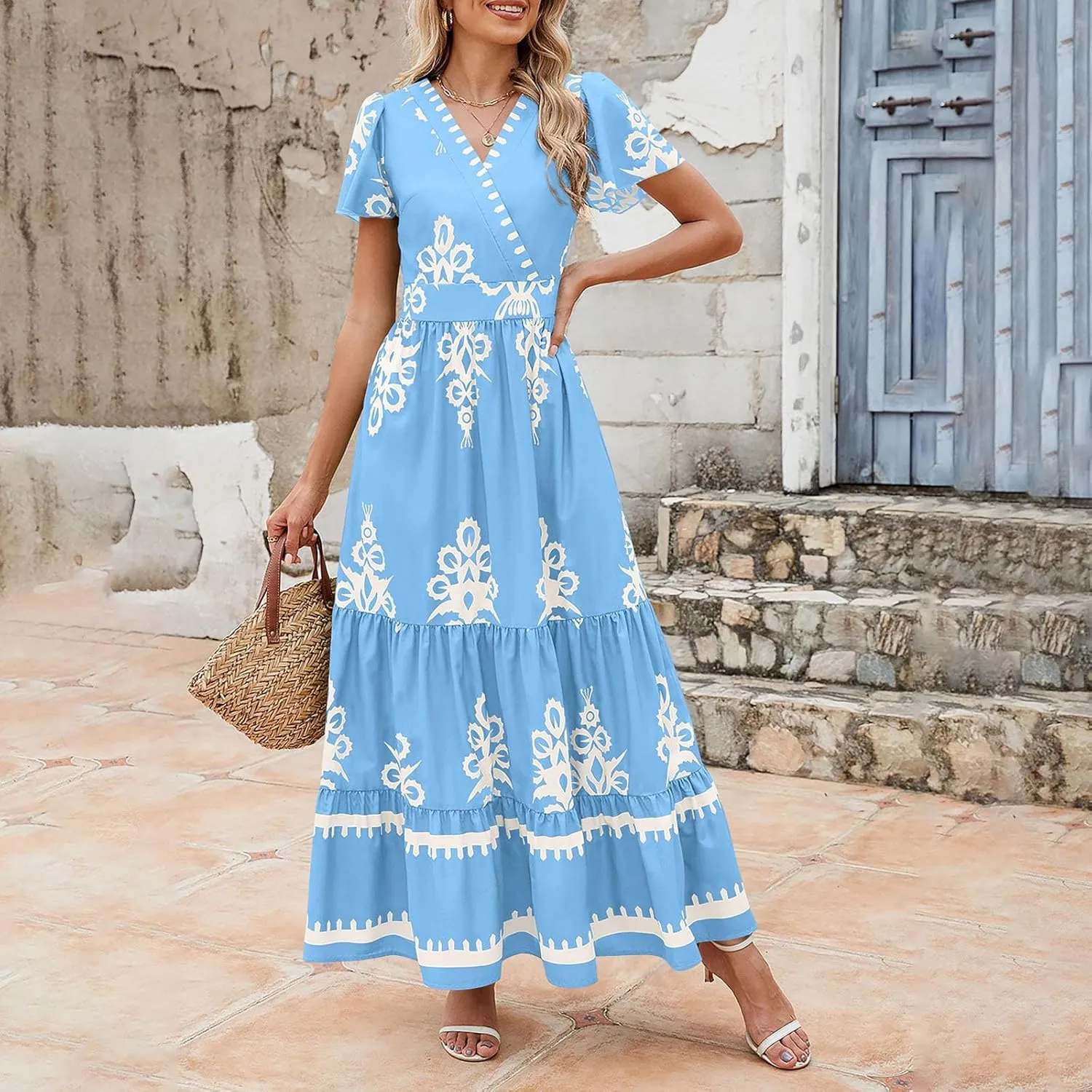 Women Ethnic Floral Maxi Dress Summer Short Sleeve V Neck Flowy Aline Dress Retro Tiered Ruffle Dresses with Pockets