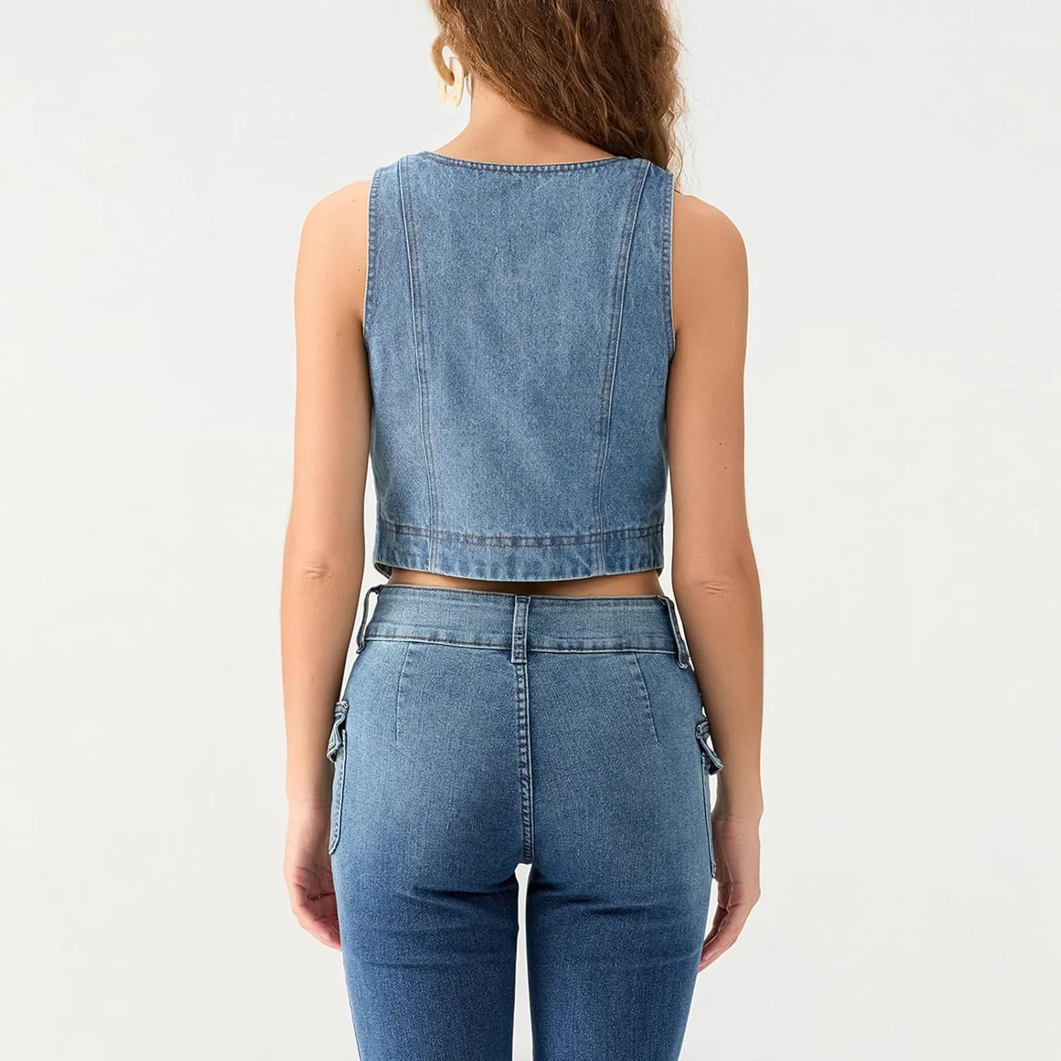 Women Fashion Denim Vest Jean Gilet Slim Fit Button Down V Neck Crop Tops Streetwear Casual Y2K Clothes