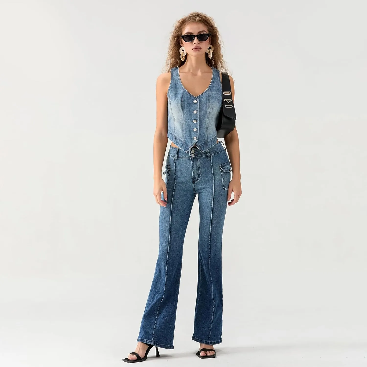 Women Fashion Denim Vest Jean Gilet Slim Fit Button Down V Neck Crop Tops Streetwear Casual Y2K Clothes