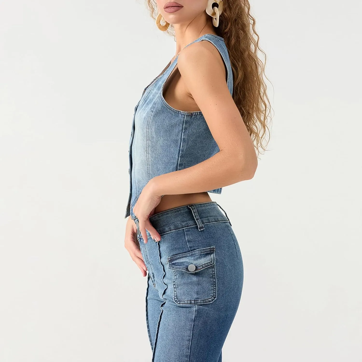 Women Fashion Denim Vest Jean Gilet Slim Fit Button Down V Neck Crop Tops Streetwear Casual Y2K Clothes