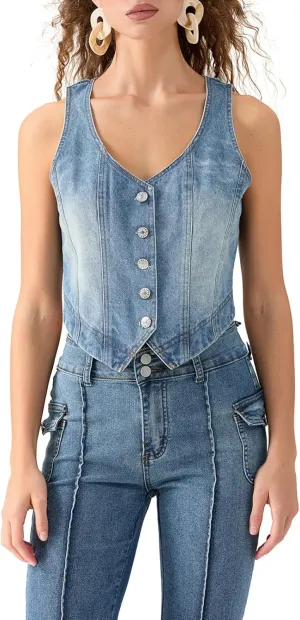 Women Fashion Denim Vest Jean Gilet Slim Fit Button Down V Neck Crop Tops Streetwear Casual Y2K Clothes