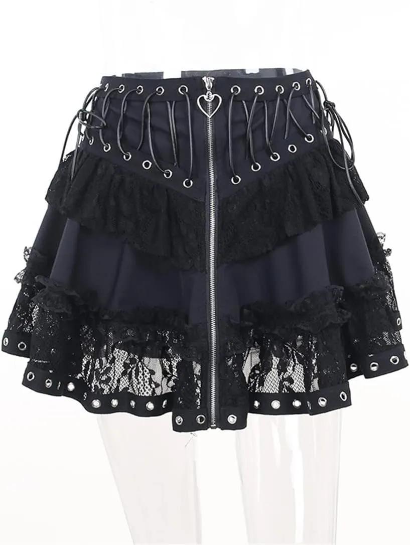 Women Gothic Mini Skirt Fairy Grunge Punk High Waisted A-Line Pleated Skirts Y2k E-Girl Long Maxi Skirt
