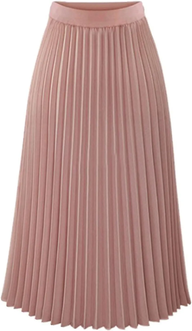 Women High Elastic Waist Pleated Chiffon Skirt Midi Swing Flare Casual A-line Skirts Pleated Midi Skirts for Women