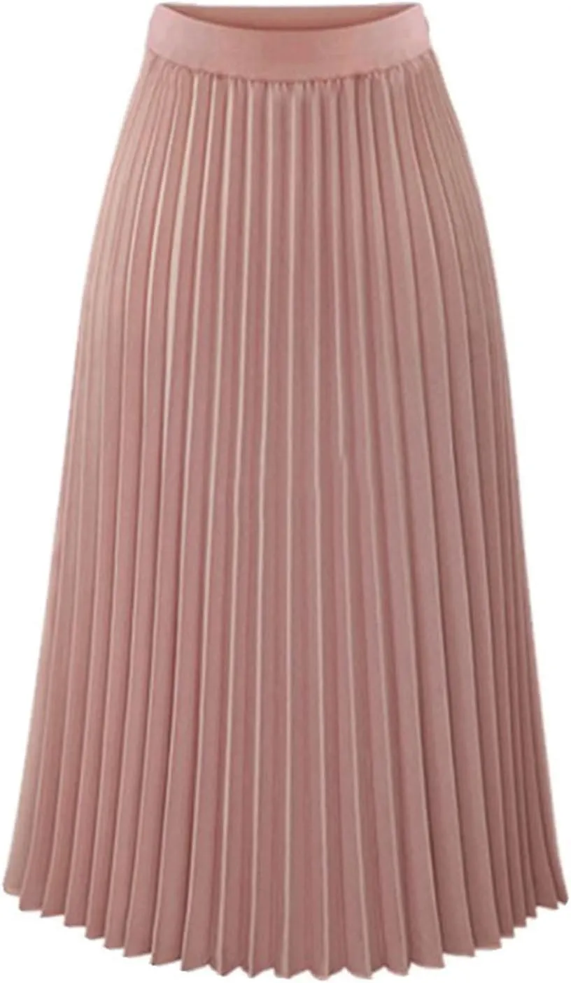 Women High Elastic Waist Pleated Chiffon Skirt Midi Swing Flare Casual A-line Skirts Pleated Midi Skirts for Women