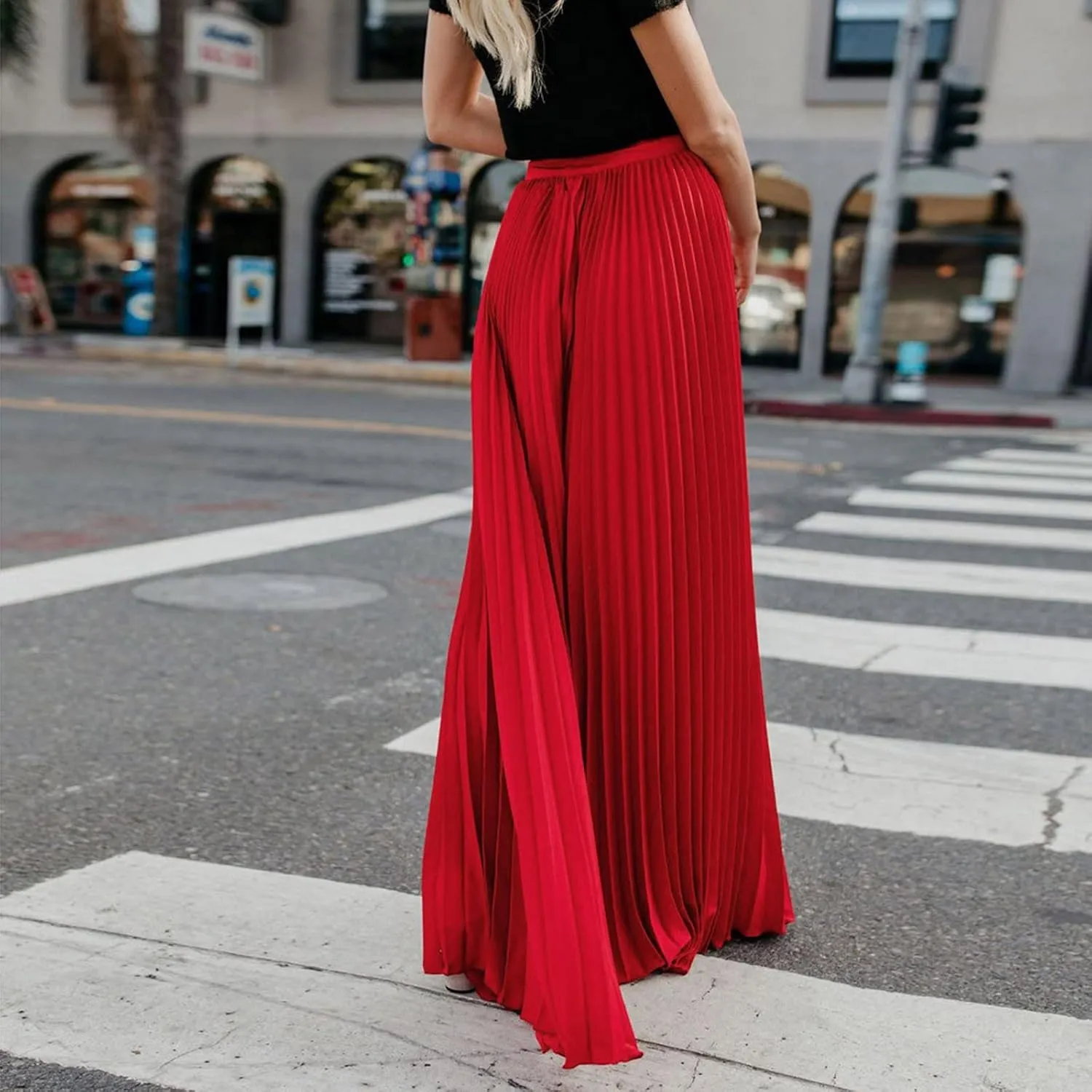 Women High Elastic Waist Pleated Skirt Maxi Swing A-line Skirts Summer Boho Long Beach Flowy Skirt Dress 2024 New
