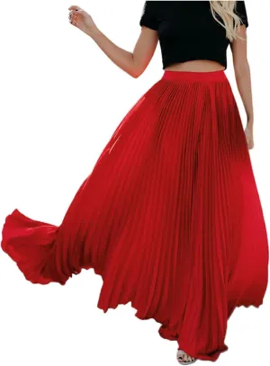 Women High Elastic Waist Pleated Skirt Maxi Swing A-line Skirts Summer Boho Long Beach Flowy Skirt Dress 2024 New