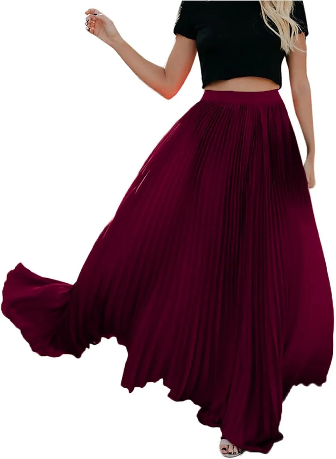 Women High Elastic Waist Pleated Skirt Maxi Swing A-line Skirts Summer Boho Long Beach Flowy Skirt Dress 2024 New