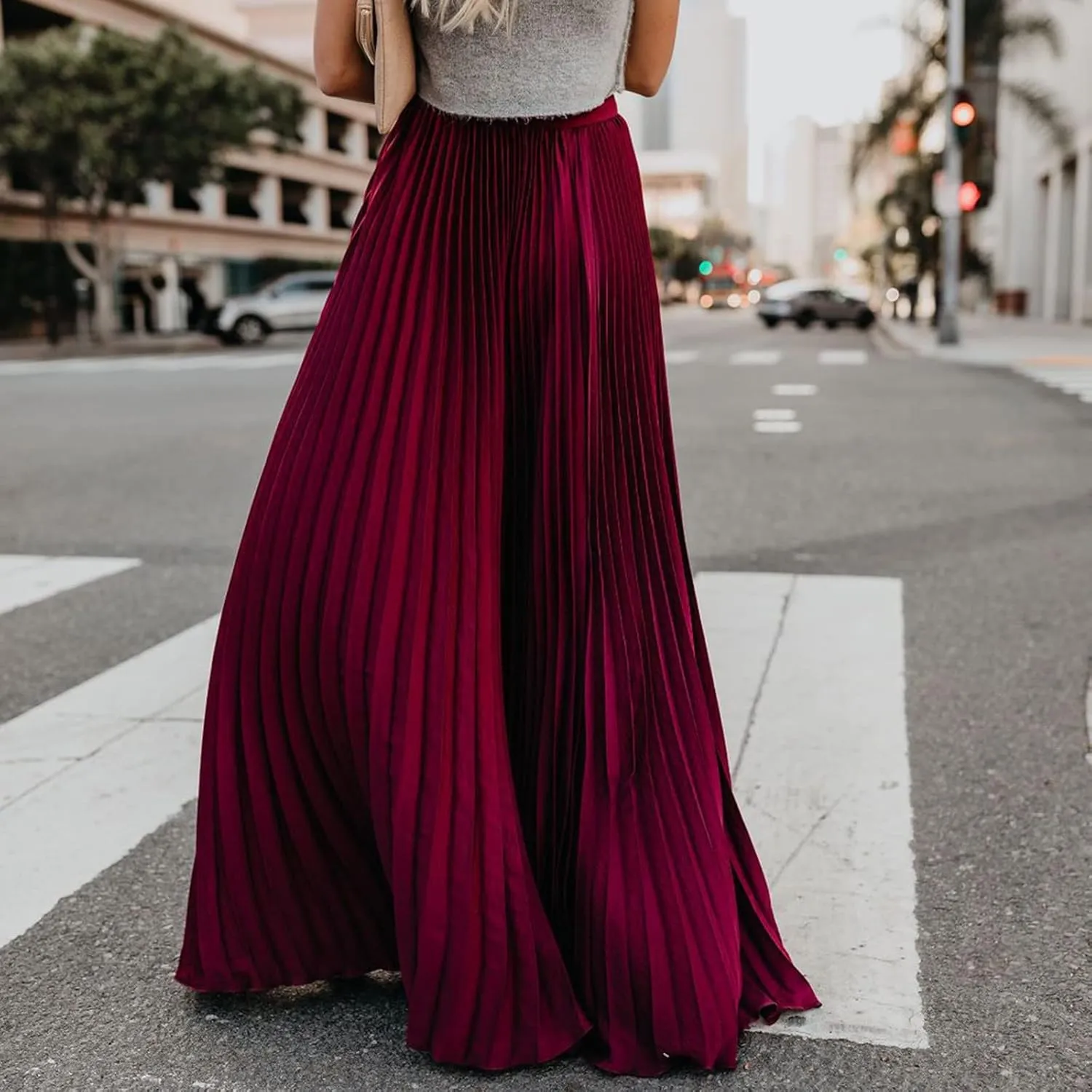 Women High Elastic Waist Pleated Skirt Maxi Swing A-line Skirts Summer Boho Long Beach Flowy Skirt Dress 2024 New