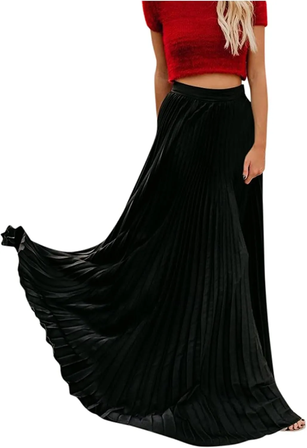 Women High Elastic Waist Pleated Skirt Maxi Swing A-line Skirts Summer Boho Long Beach Flowy Skirt Dress 2024 New