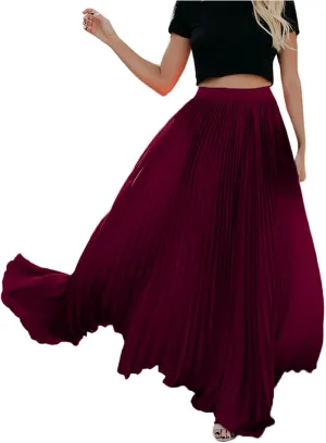 Women High Elastic Waist Pleated Skirt Maxi Swing A-line Skirts Summer Boho Long Beach Flowy Skirt Dress 2024 New