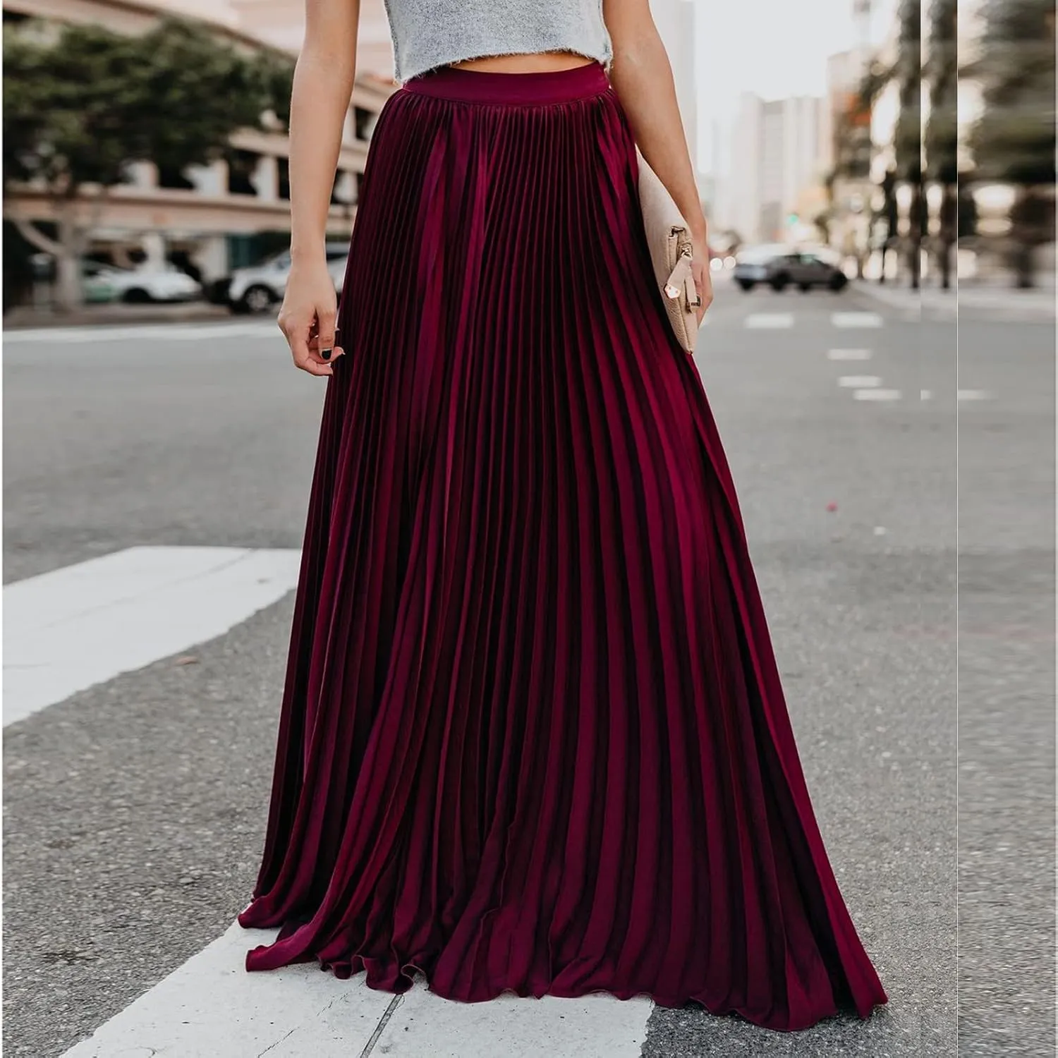 Women High Elastic Waist Pleated Skirt Maxi Swing A-line Skirts Summer Boho Long Beach Flowy Skirt Dress 2024 New