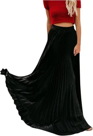 Women High Elastic Waist Pleated Skirt Maxi Swing A-line Skirts Summer Boho Long Beach Flowy Skirt Dress 2024 New