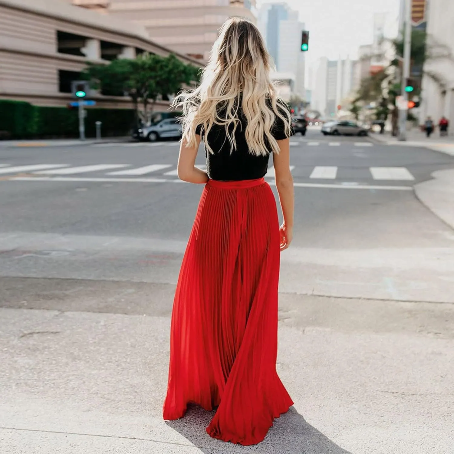 Women High Elastic Waist Pleated Skirt Maxi Swing A-line Skirts Summer Boho Long Beach Flowy Skirt Dress 2024 New