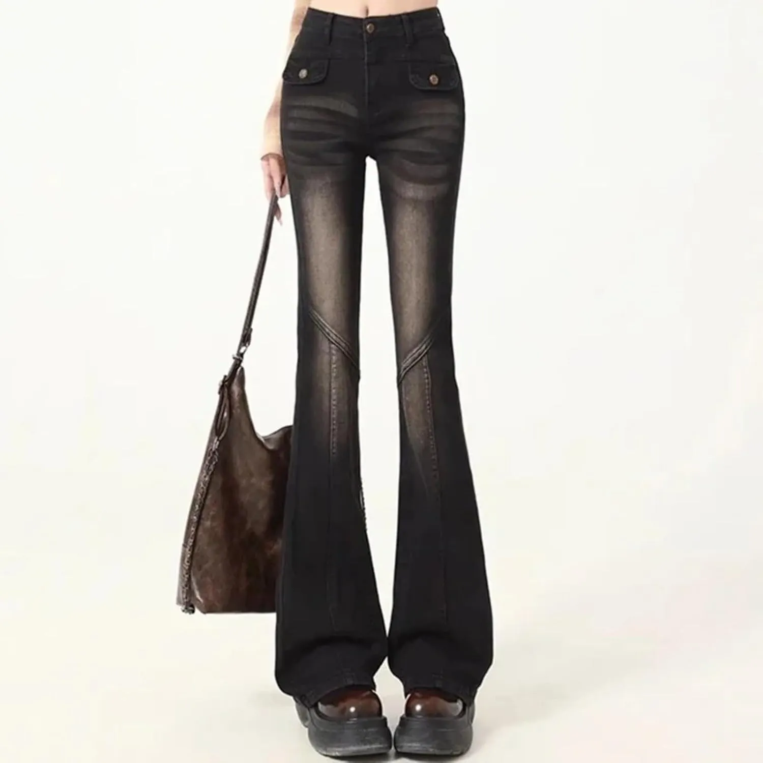 Women High Waist Elastic Spliced Wide Leg Jeans Vintage Slim Fit Flare Pants Blue Black Grey Denim Trousers Big Size